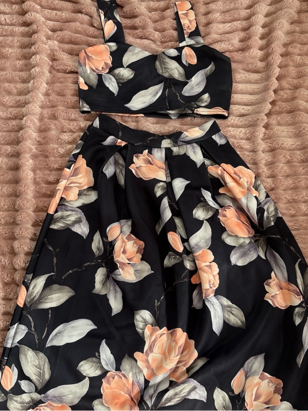 Boohoo Pink Floral Trim Crop Top and Skirt Set